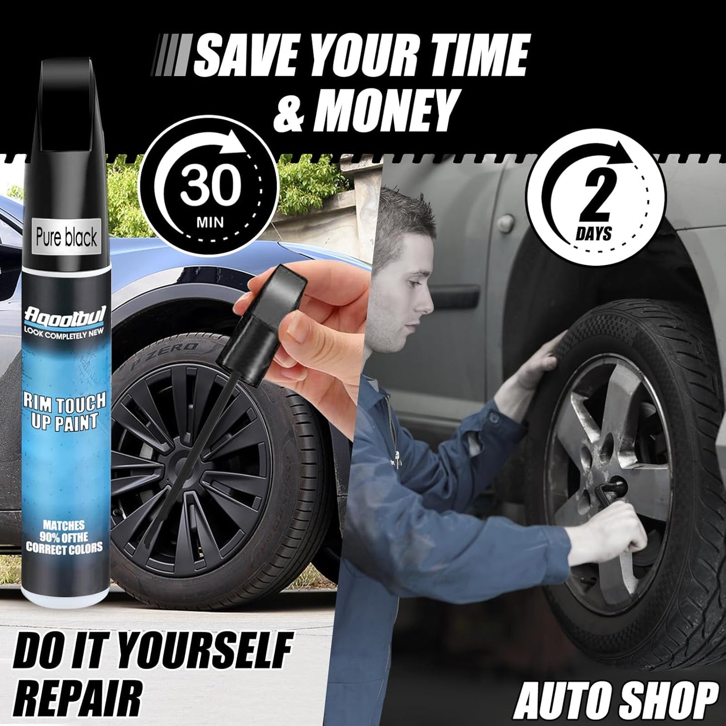 Pure Black Rim Touch Up Paint - Car Wheel Repair Kit Curb Rash, Gloss or Matte Black Rim Touch Up Paint, Quick And Easy Wheel Scratch Repair Kit, Wheel Repair Kit Curb Rash (Pure Black)