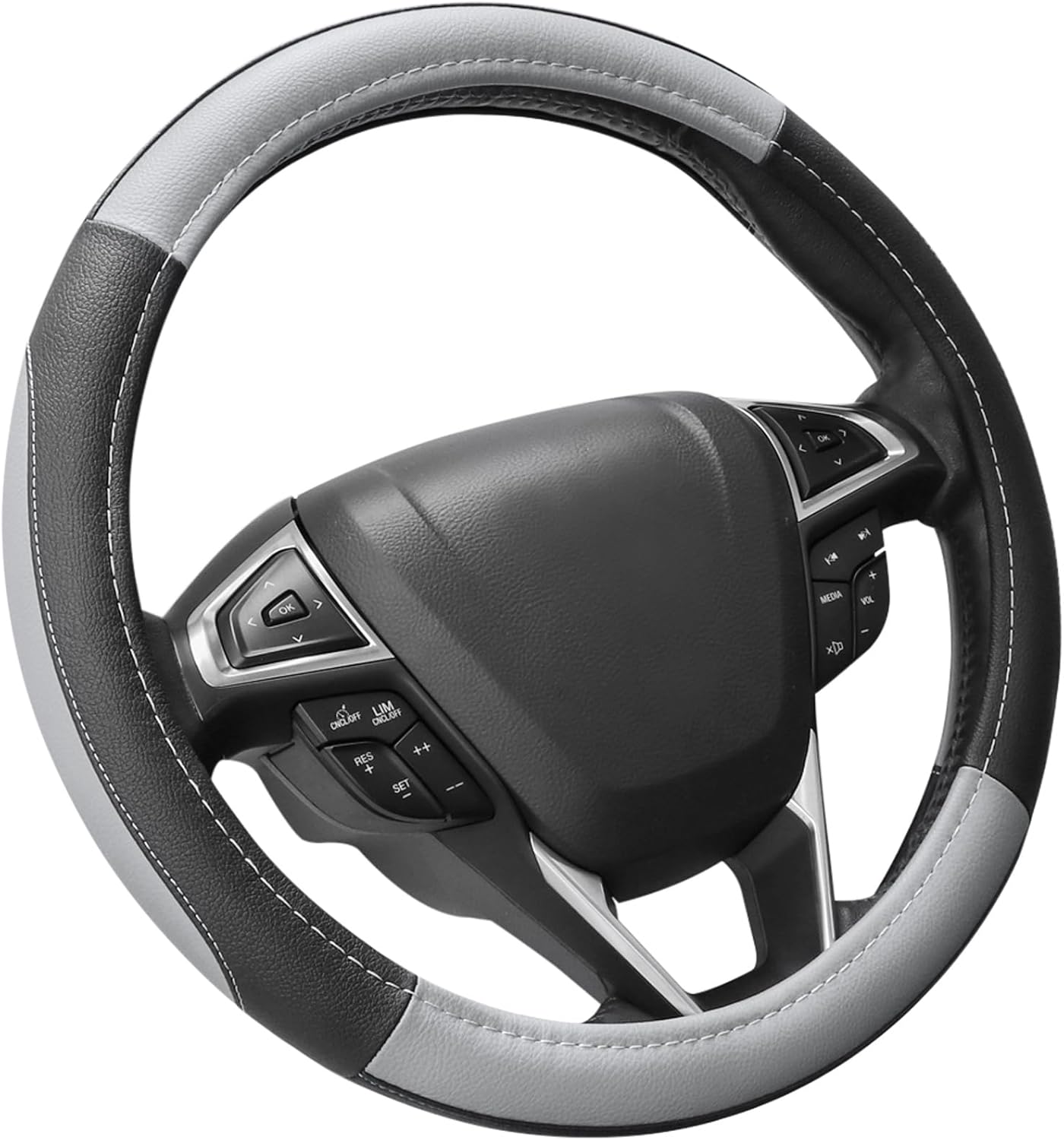 SEG Direct Car Steering Wheel Cover for F-150 Tundra Range Rover 15.5-16 inch, Black and Gray Microfiber Leather