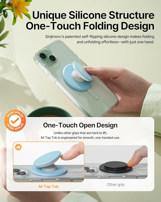 Sinjimoru for MagSafe Phone Grip, Soft Silicone Magnetic Finger Grip for iPhone 17/16/15/14/13, Comfortable One-Touch Holding, M-Tap Tok Black