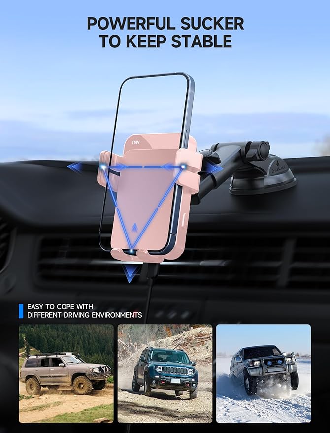 MOKPR Wireless Car Charger, 15W Auto Clamping Car Charger Dash Windshield Air Vent Phone Holder Compatible with iPhone 16 15 14/13/13 Pro/12 pro/12/11/X/8, Samsung S24/S23/S22, Pink