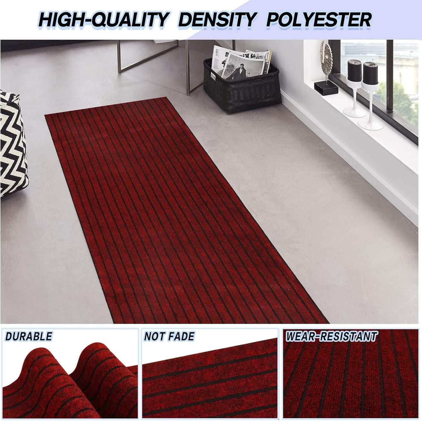 Custom Size Backed Non-Slip Area Rugs Runner, Easy Clean, Waterproof Runner Rugs for Hallway Entryway, Kitchen, Laundry, 3FT x 60FT, Red Stripe
