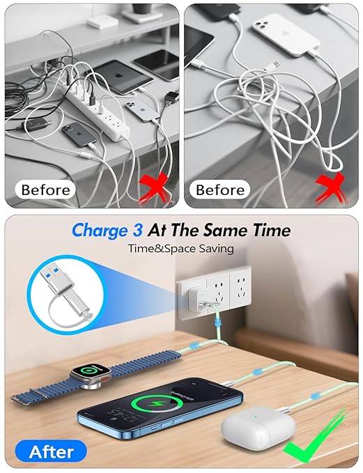 2Pack Multi Charging Cable Cord for Travel Essentials,Apple Watch Charger,iPhone Charger,[3-in-2] Type C/L Cable Portable Designed for iWatch,iPhone 17-8,Galaxy S25-21,AirPods,iPad-4FT Green