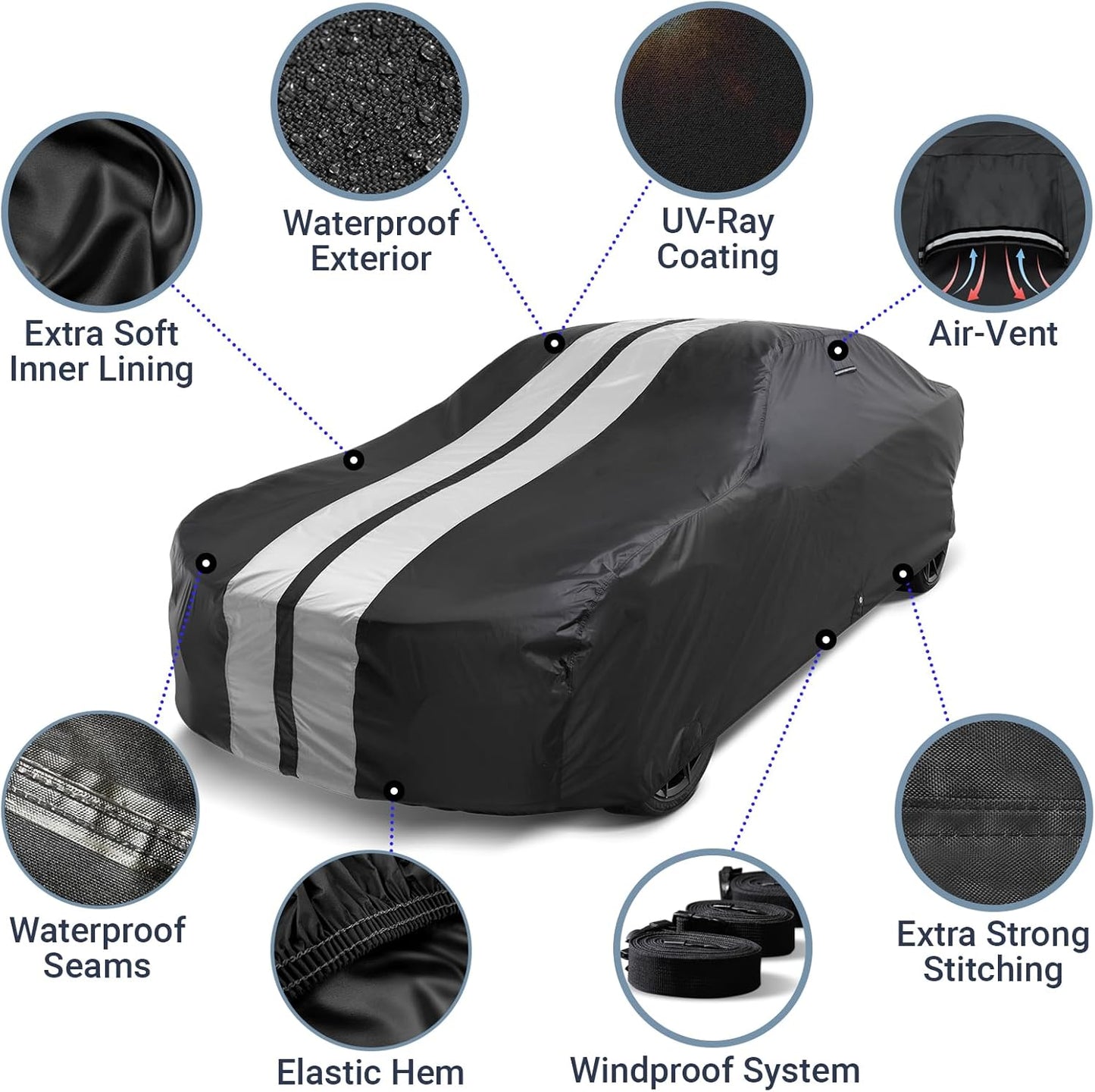 iCarCover Custom Car Cover for Pontiac Tempest Wagon (1961-1963) Waterproof All-Weather Rain Snow UV Sun Protector Full Exterior Indoor Outdoor Car Cover (Stripe - Black/Gray)