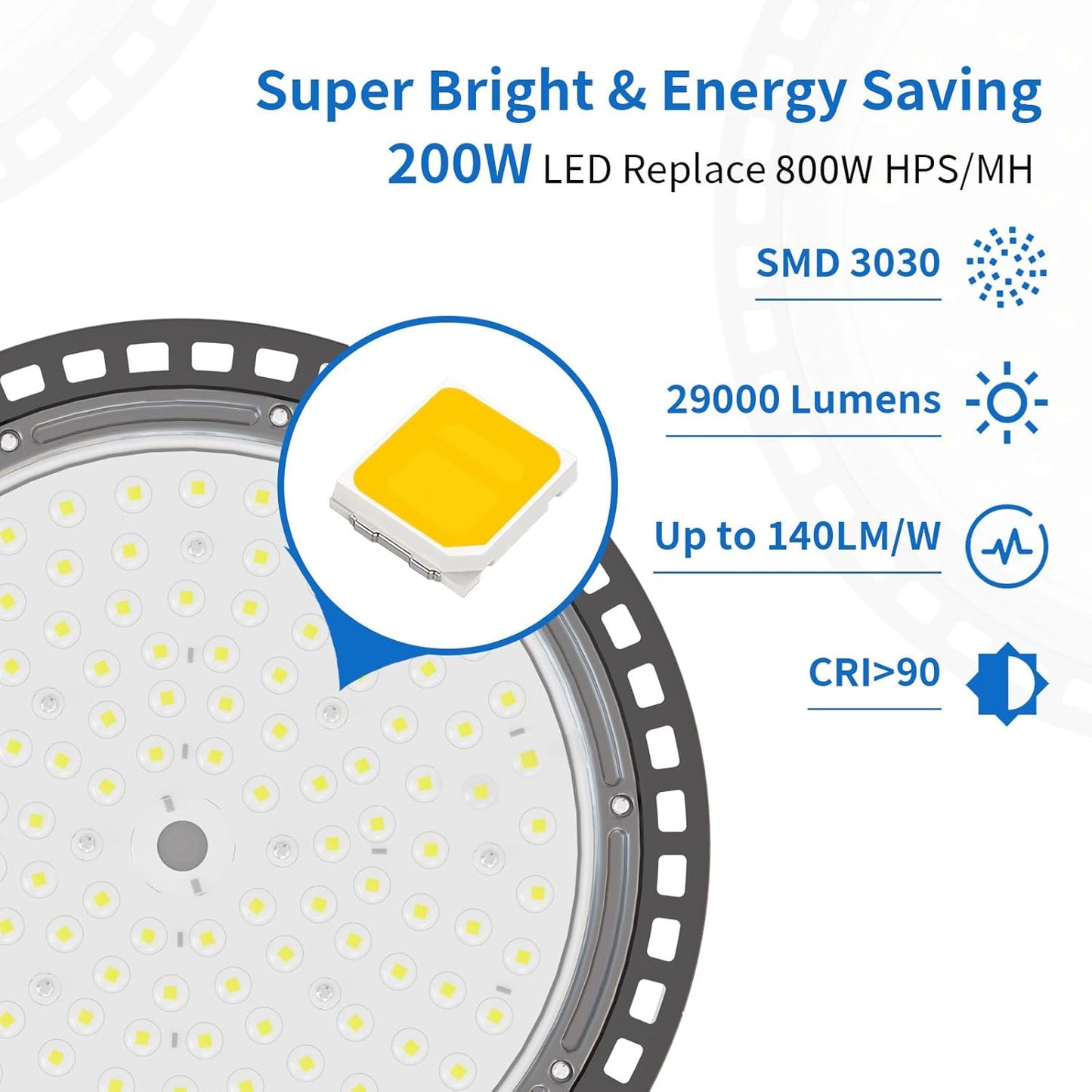 6 Pack UFO LED High Bay Light 200W, 29000 LM, 5000K with 5ft Power Cord, US Plug, Bright LED Shop Light for Basement Commercial Factory Garage Lighting, IP66 Waterproof, AC110-277V, ETL Listded