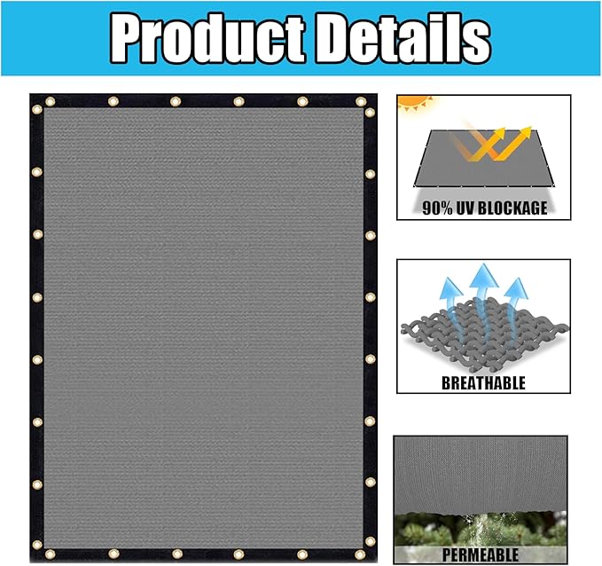 Amagenix 90% Shade Fabric 9'X 14' Gray Sun Shade Cloth with Grommets for Pergola Replacement Shade Cover Canopy, Heavy Duty, Cable Zip Ties Included (We Customized)