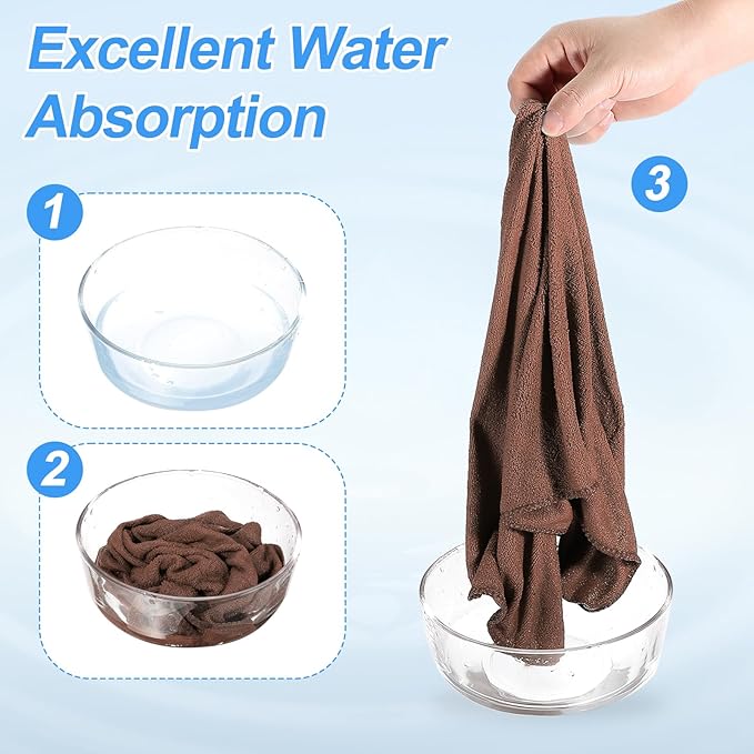 HARFINGTON 6 Pack Microfiber Cleaning Cloth, 14" x 14" Multi-Functional Cleaning Towels Reusable Absorbent Rags with Hook for Car Wash Kitchen Household Window Clean, Brown