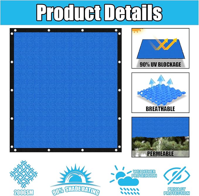 Amagenix 90% Pergola Shade Cover 8' X 14' Sun Shade Cloth with Grommets for Outdoor Garden Patio Porch, Commercial Grade 200 GSM - Cable Zip Ties Included (We Customized) GN108, Blue