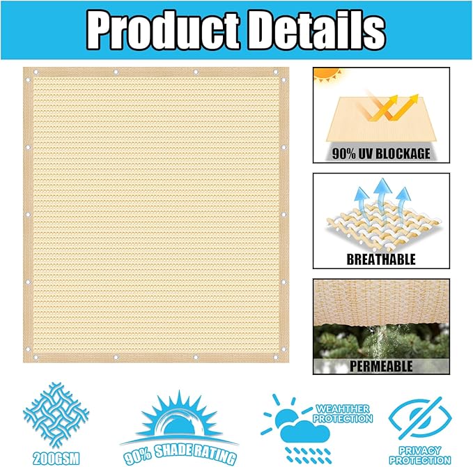 Amagenix 90% Pergola Shade Cover 4' X 8' Sun Shade Cloth with Grommets for Outdoor Garden Patio Porch, Commercial Grade 200 GSM - Cable Zip Ties Included (We Customized) GN108, Wheat