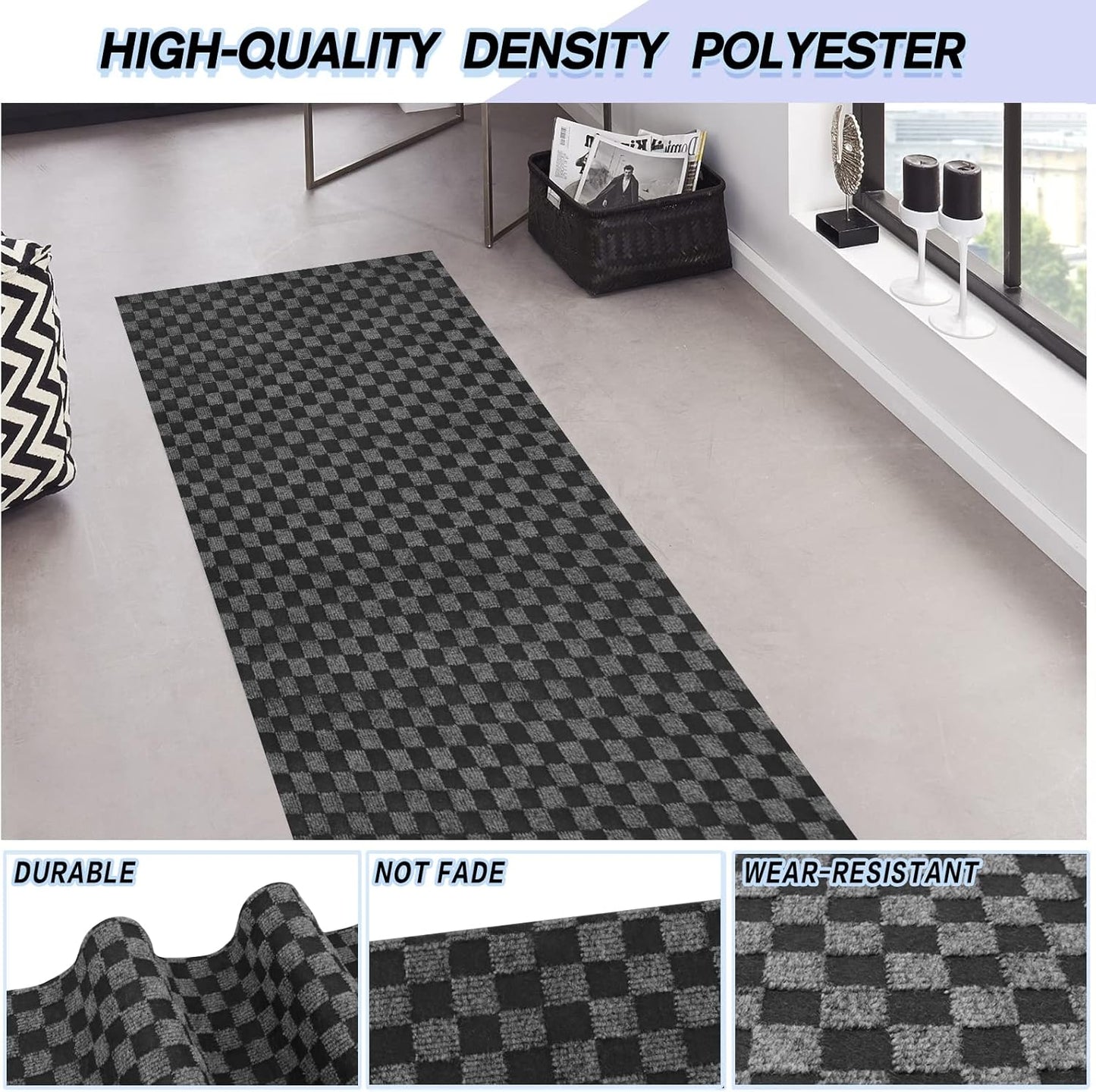 Custom Size Backed Non-Slip Area Rugs Runner, Easy Clean, Waterproof Runner Rugs for Hallway Entryway, Kitchen, Laundry, 4FT x 34FT, Gray Checkered