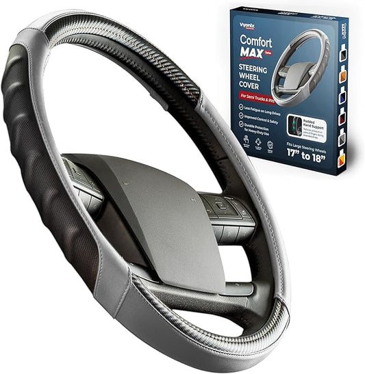 18 Inch Semi Truck Steering Wheel Cover – Premium Leather Grip for Class 8 Big Rigs, Freightliner, Kenworth & Peterbilt – Anti-Slip, Breathable Comfort for Long-Haul Drivers – Grey