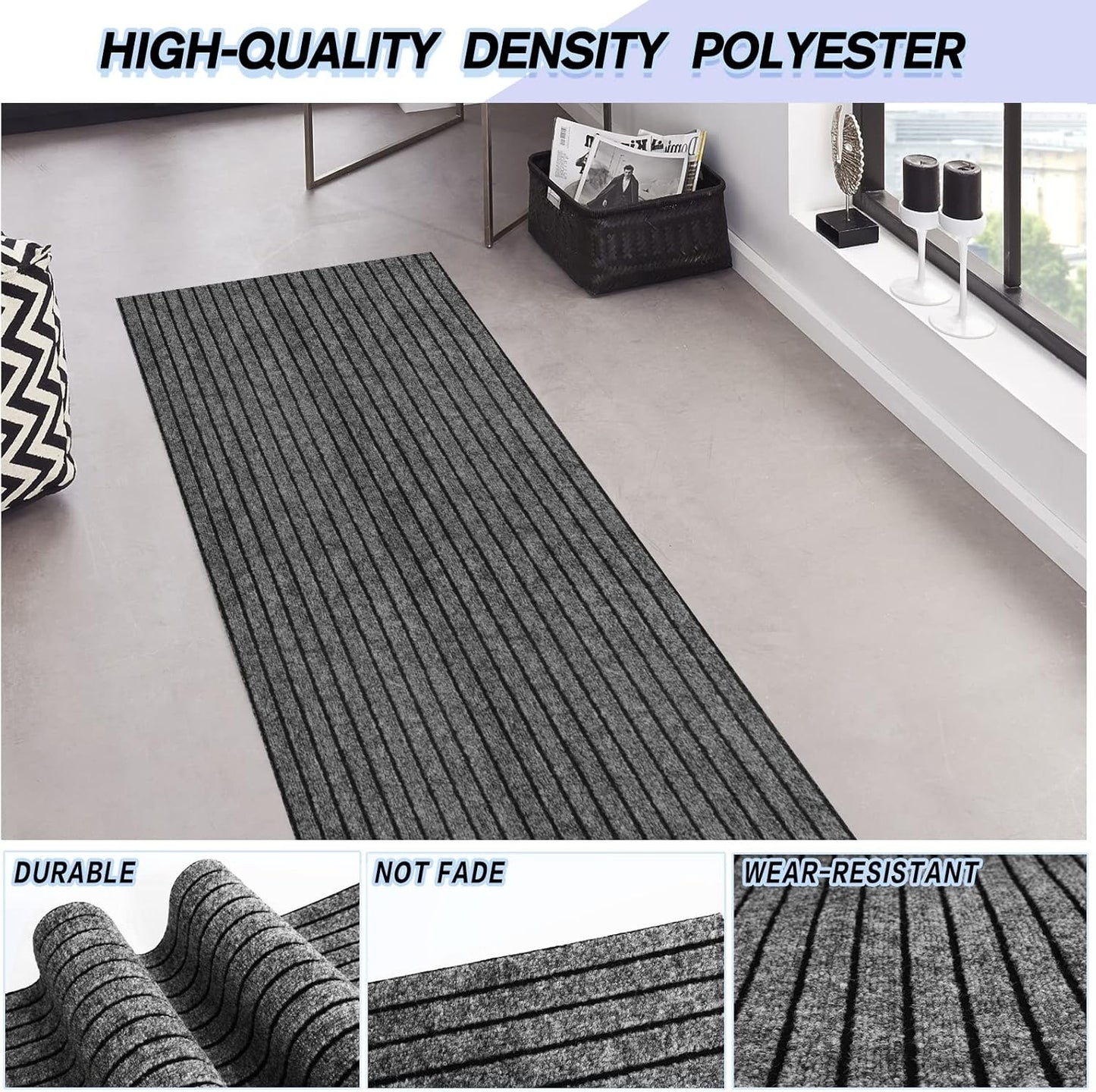 Custom Size Backed Non-Slip Area Rugs Runner, Easy Clean, Waterproof Runner Rugs for Hallway Entryway, Kitchen, Laundry, 2FT x 46FT, Gray Stripe