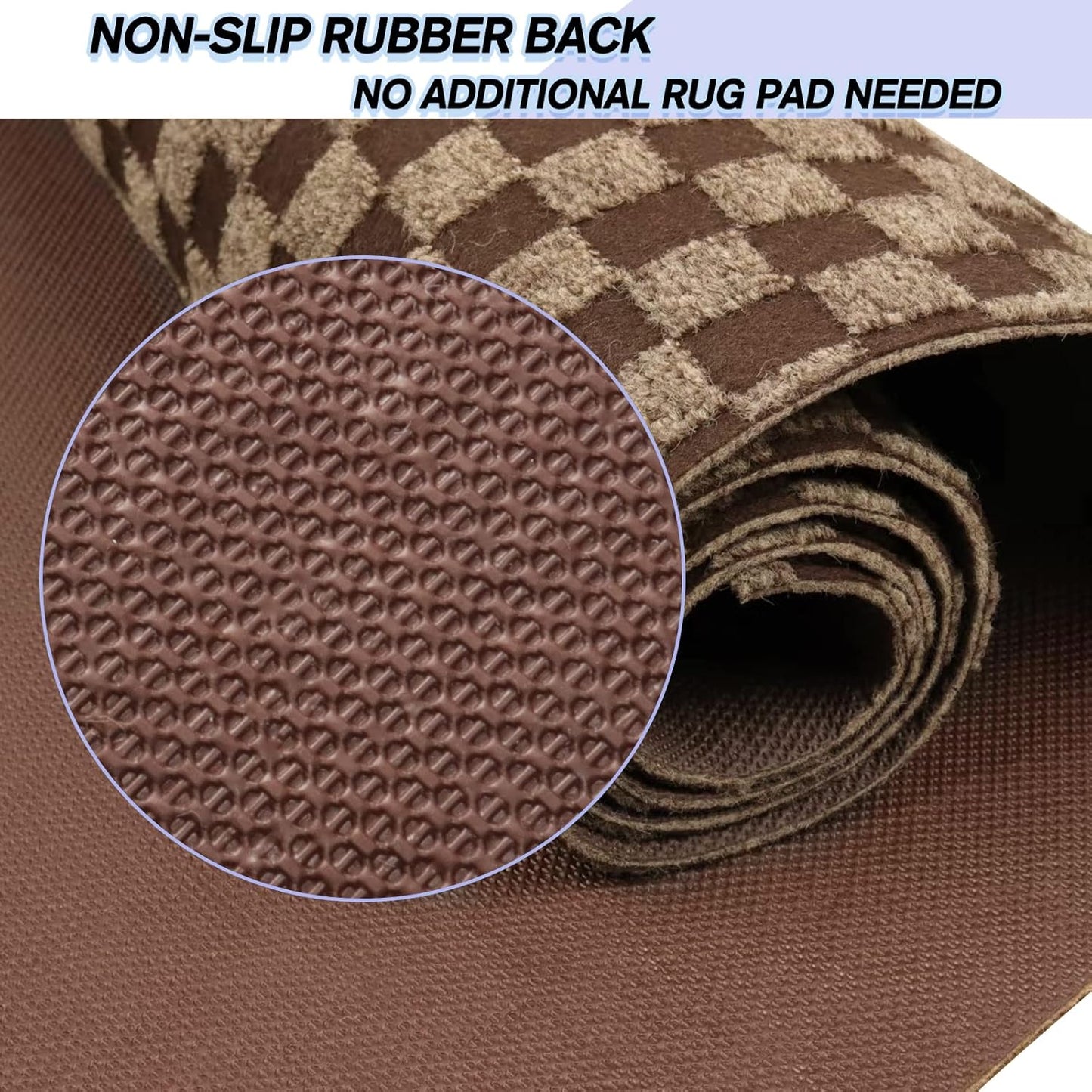 Custom Size Backed Non-Slip Area Rugs Runner, Easy Clean, Waterproof Runner Rugs for Hallway Entryway, Kitchen, Laundry, 2FT x 6FT, Brown Checkered