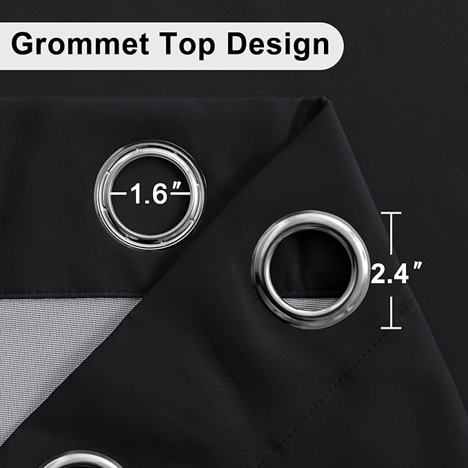 XWZO 100% Blackout Curtains with Tiebacks- Heat and Full Light Blocking Window Panels with Grommets & Thermal Insulated Draperies for Wide Large Window, Black, W60 x L84, Set of 2