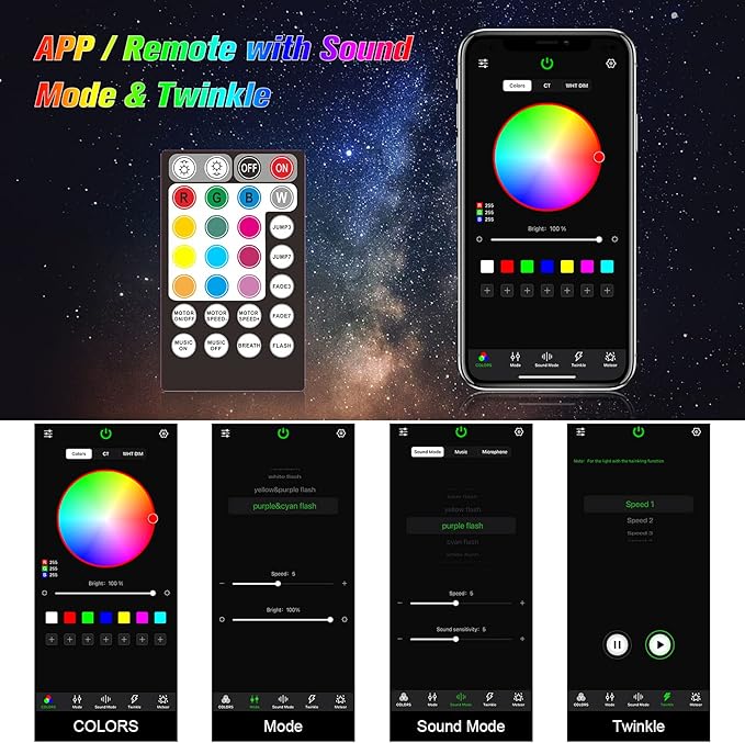 CHINLY Twinkle 460pcs 9.8ft 0.03in Fiber Optic Lights Starlight Headliner kit, Music Mode Bluetooth APP Control Remote, RGBW Star roof Lights for Star Headliner/Home Theater/Pool Ceiling