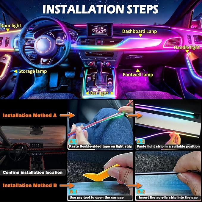 Acrylic Interior Car LED Strip Light with APP Remote Control,57in 2 in 1 USB RGB Dreamcolor Neon Flexible Strip Fiber Optic LED Ambient Lighting Kits,RGB Music Lights Sync for Inside car Decorations