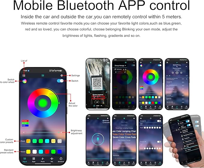 Car Ambient Footwell Lighting Optic Fiber 64 Colors Music Sound Active with APP Control Car Decorative Atmosphere Lighting Kit DC 12V 1W 6m