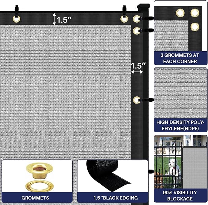 Windscreen4less Privacy Fence Screen Heavy Duty Windscreen Fencing Mesh Fabric Shade Net Cover with Brass Grommtes for Outdoor Wall Garden Yard Pool Deck, 8'x115' Light Gray
