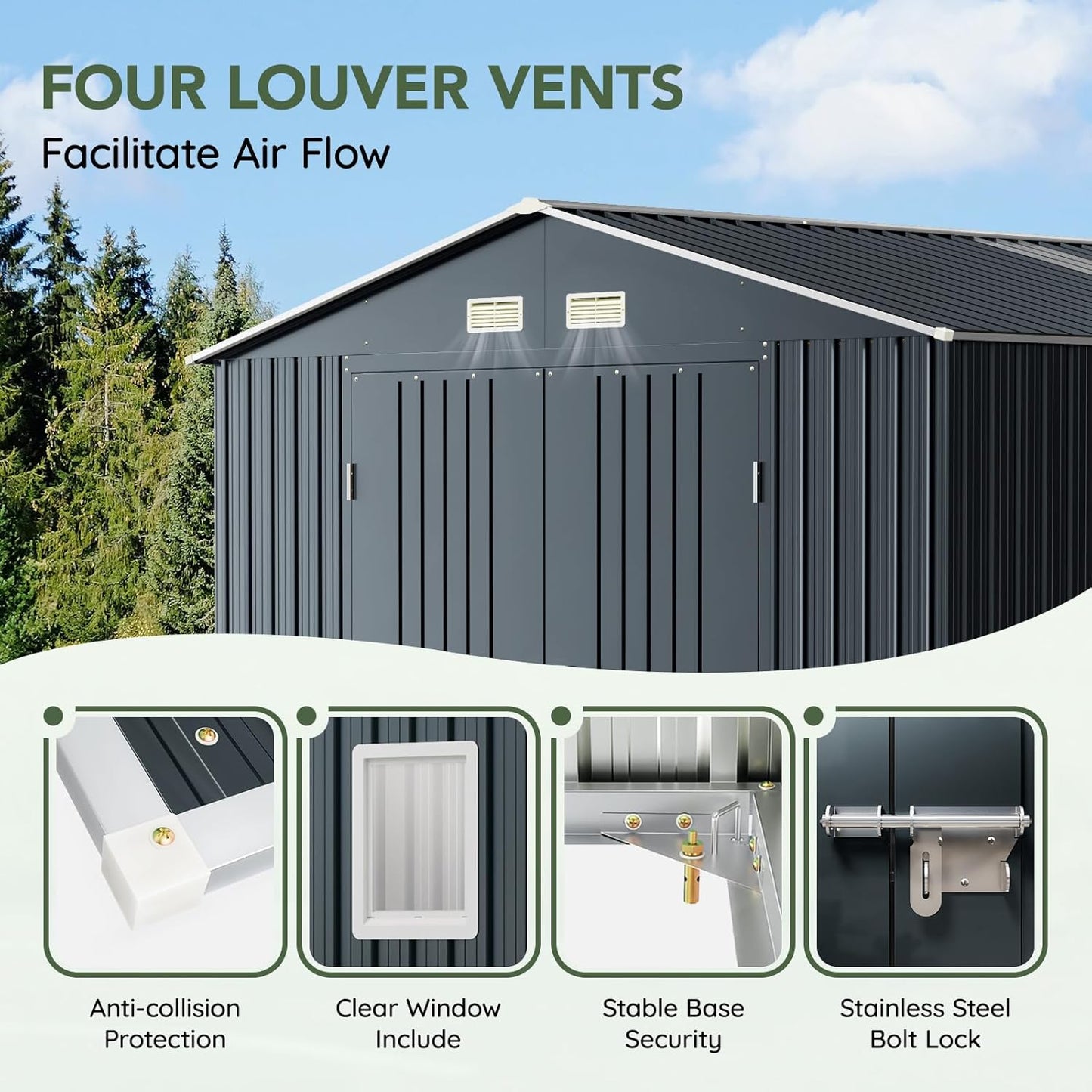 10x12 FT Outdoor Metal Storage Shed with Floor Frame, Double Swing Doors, 2 Clear Windows, Replaceable Skylight Roof Panel, Tool Shed for Garden, Patio, Backyard