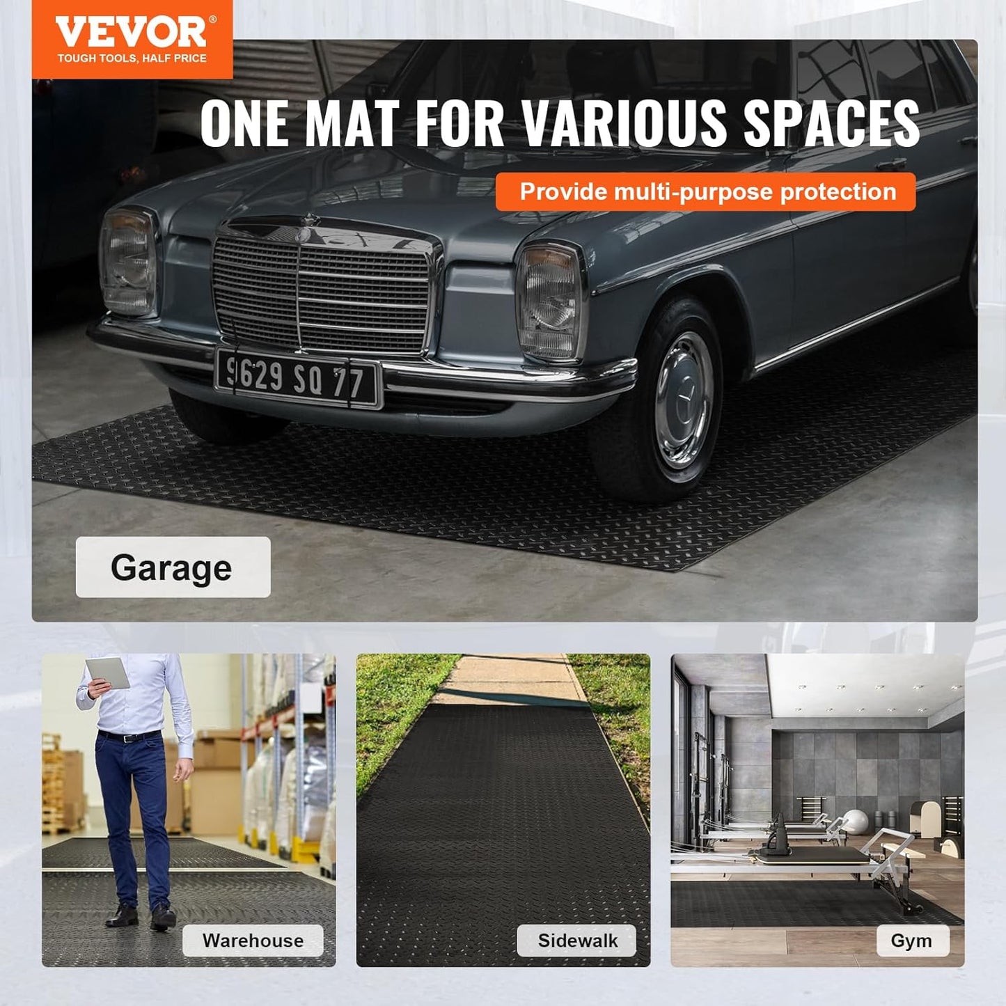 VEVOR Floor Mats, 2 Rolls x 14.7 x 3.6 Ft PVC Flooring Roll, Non-Slip Diamond Texture, 123.14 sq.ft Covering Space, Black Mats for Under Cars, Garage Industry Gym