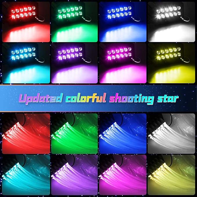 Car Starlight Headliner Kit, 16W Twinkle & Meteor Star Ceiling Lights, 2 in 1 Fiber Optic Light Engine 1100pcs*0.02in*9.8ft+240 RGBW Shooting Stars Lights for Car Home Roof Décor