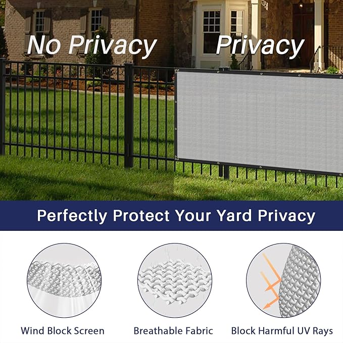 Windscreen4less Privacy Fence Screen Heavy Duty Windscreen Fencing Mesh Fabric Shade Net Cover with Brass Grommtes for Outdoor Wall Garden Yard Pool Deck, 8'x198' Light Gray