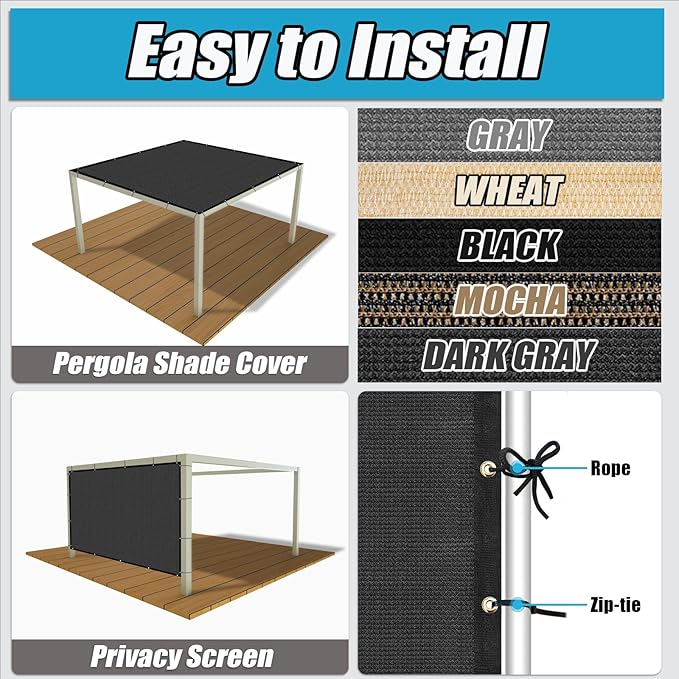 Amagenix 90% Pergola Shade Cover 13'X 23' Dark Gray Sun Shade Cloth with Grommets for Outdoor Garden Patio Porch-Commercial Grade 200 GSM-Cable Zip Ties Included (We Customized)