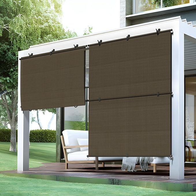 Bynbbur 7'W x 7.5'H Outdoor Patio Shades Foldable Roller Blinds, 220 GSM Sun Shade Roll Up Porch Screens Exterior Shade Cloth for Deck Pergola Backyard, Brown