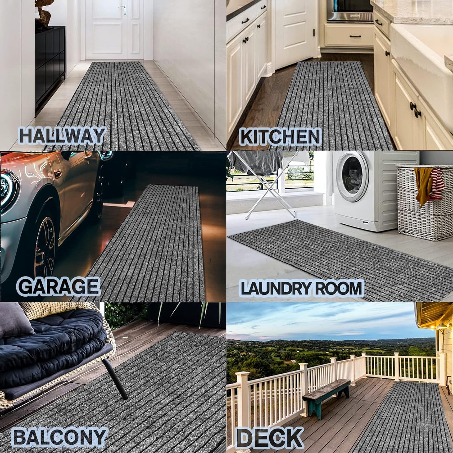 Custom Size Backed Non-Slip Area Rugs Runner, Easy Clean, Waterproof Runner Rugs for Hallway Entryway, Kitchen, Laundry, 2FT x 66FT, Gray Stripe
