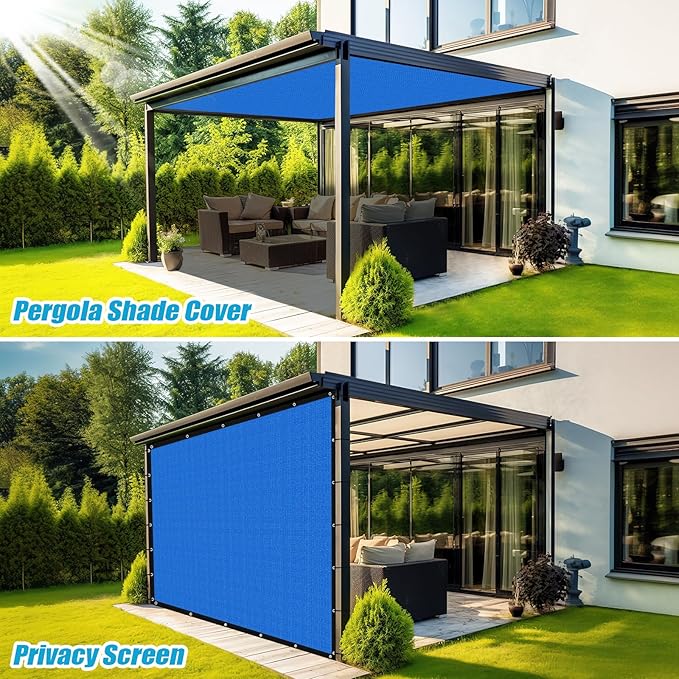 Amagenix 90% Pergola Shade Cover 8' X 12' Sun Shade Cloth with Grommets for Outdoor Garden Patio Porch, Commercial Grade 200 GSM - Cable Zip Ties Included (We Customized) GN108, Blue