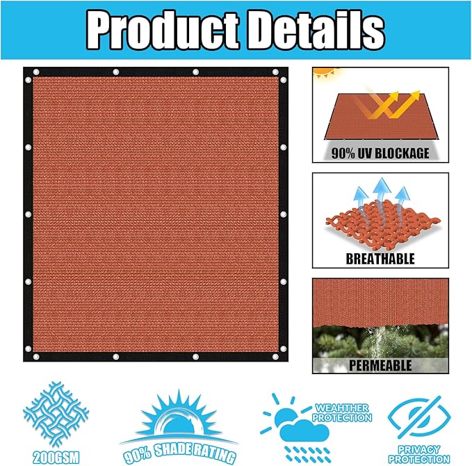 Amagenix 90% Pergola Shade Cover 8' X 18' Sun Shade Cloth with Grommets for Outdoor Garden Patio Porch, Commercial Grade 200 GSM - Cable Zip Ties Included (We Customized) GN108, Rust Red