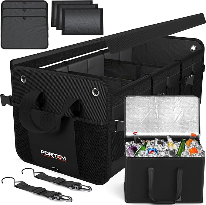 FORTEM Trunk Organizer with Cooler For SUV Car Organizer and Storage, Collapsible Multi-Compartment, Perfect Christmas Gifts For Men, Women, 1680D Oxford, Non Slip Bottom, Straps, Soft Cover 110L