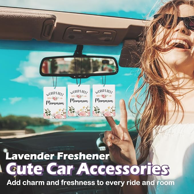 Mommom Grandma Gifts Car Air Freshener Accessories 3pcs,World's Best Gifts for Granmda Christmas, Pink Flower Rustic Hanging Scent Lavender Fragrance Card for Women Closet Bathroom Home Decor
