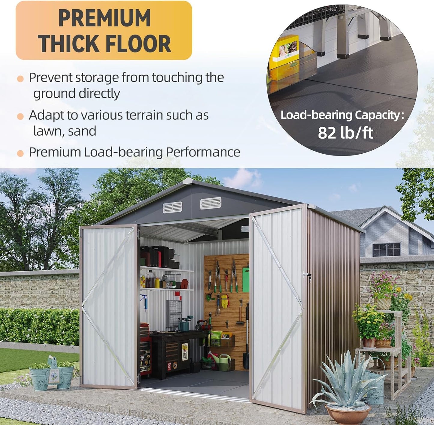 Aoxun 7x5 FT Outdoor Storage Shed with Floor Garden Metal Shed with Lockable Door Outdoor Large Shed for Tool, Garbage Can, Bike, Mower, Brown