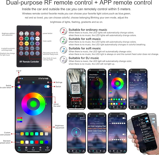 Car Ambient Lighting 64 Colors Multicoloured Music Optic Fiber RF Remote Controller + APP Control Car DIY Decorative Atmosphere Lighting Kit DC 12V 1W 6m