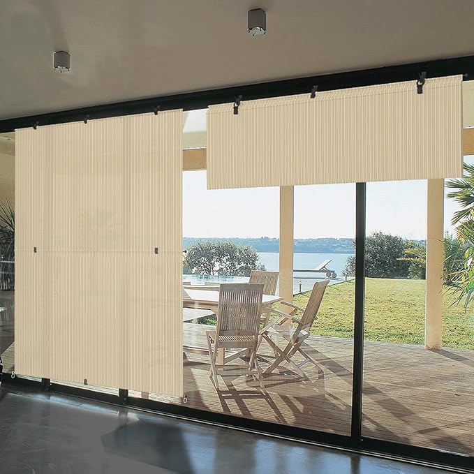 Bynbbur 4'W x 8'H Outdoor Patio Shades Foldable Roller Blinds, 220 GSM Sun Shade Roll Up Porch Screens Exterior Shade Cloth for Deck Pergola Backyard, Beige