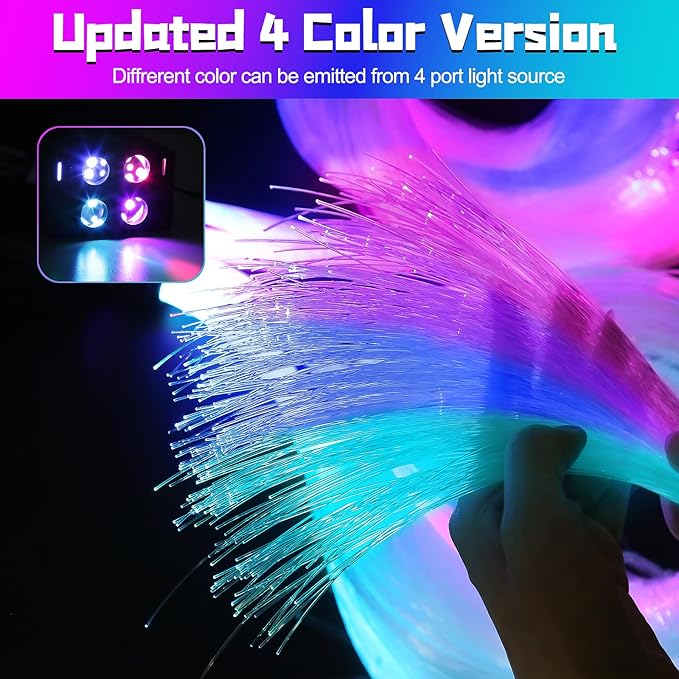 4 Colors 32W Twinkle Starlight Headliner Kit for Car Home with APP&RF Remote,RGBW 500pcs*0.03in*13.1ft Cables Fiber Optic Star Sky Roof Lights,4 Port Engine Sound Activated Car Ceiling Star Lights