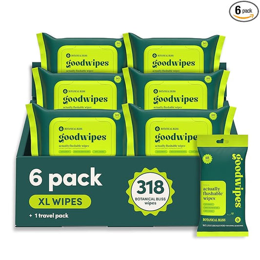 goodwipes Flushable Butt Wipes - Vitamin E & Aloe - Sewer & Septic Safe - Extra Large Adult Wet Wipes For Women & Men - Bathroom Essentials - Botanical Bliss, 318 Count (6 Packs + 1 Travel)