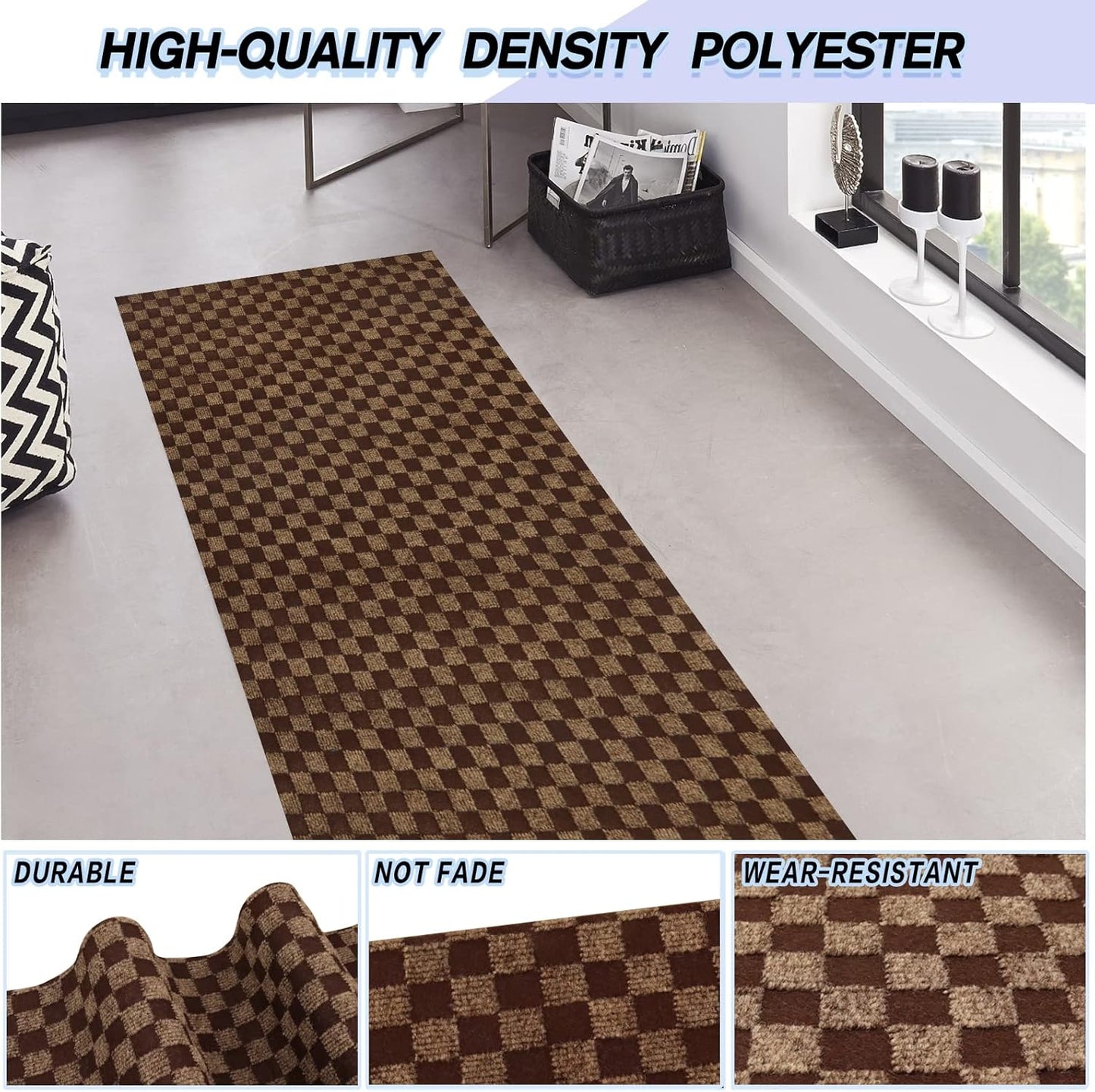 Custom Size Backed Non-Slip Area Rugs Runner, Easy Clean, Waterproof Runner Rugs for Hallway Entryway, Kitchen, Laundry, 3FT x 69FT, Brown Checkered