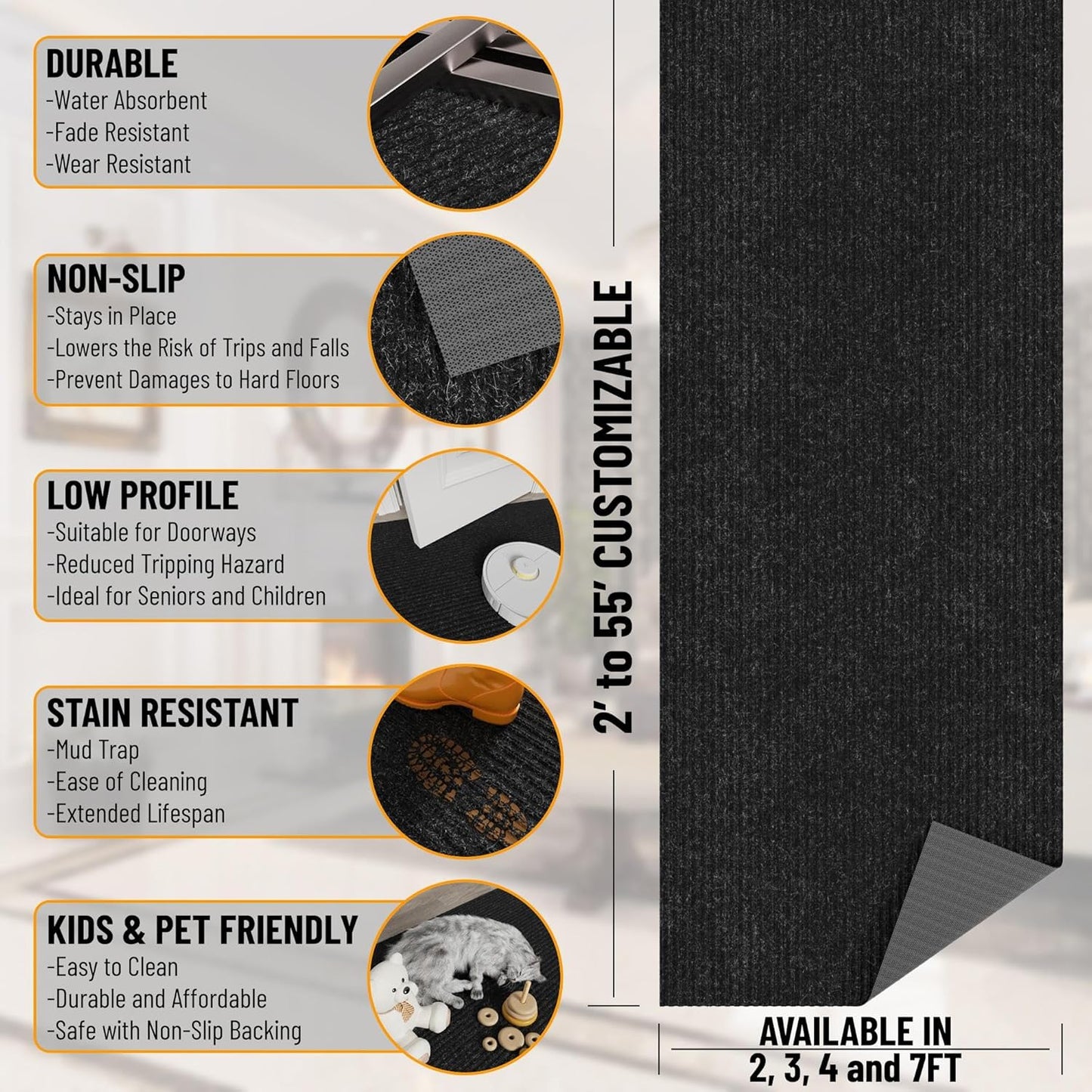 Ottomanson 3'11" x 29' Hallway Runner with Scraper Pile - Extra Durable Non-Slip Rug Mat for Indoor & Outdoor Use - Ideal for Kitchen, Entryway & Garage - High-Traffic Carpet, Black