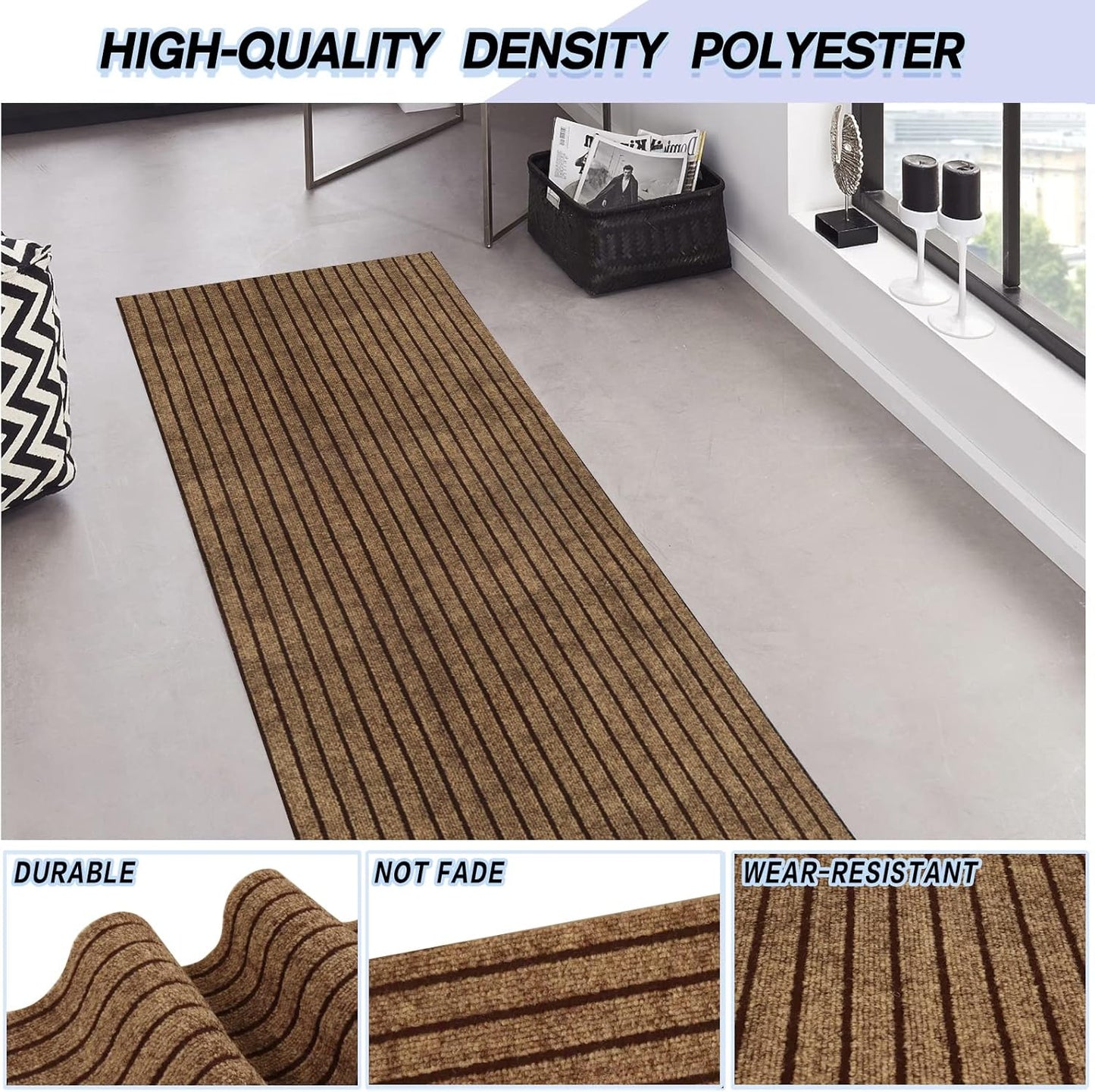 Custom Size Backed Non-Slip Area Rugs Runner, Easy Clean, Waterproof Runner Rugs for Hallway Entryway, Kitchen, Laundry, 3FT x 17FT, Brown Stripe
