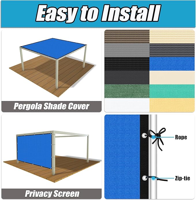 Amagenix 90% Pergola Shade Cover 7' X 20' Sun Shade Cloth with Grommets for Outdoor Garden Patio Porch, Commercial Grade 200 GSM - Cable Zip Ties Included (We Customized) GN108, Blue