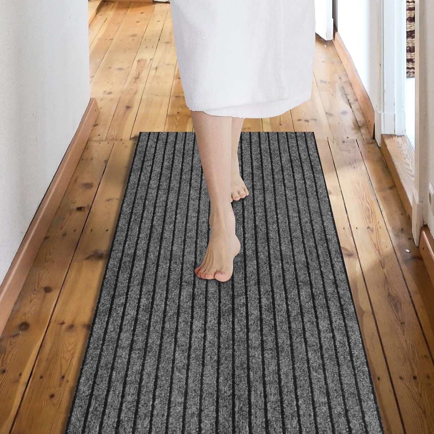 Custom Size Backed Non-Slip Area Rugs Runner, Easy Clean, Waterproof Runner Rugs for Hallway Entryway, Kitchen, Laundry, 2FT x 60FT, Gray Stripe