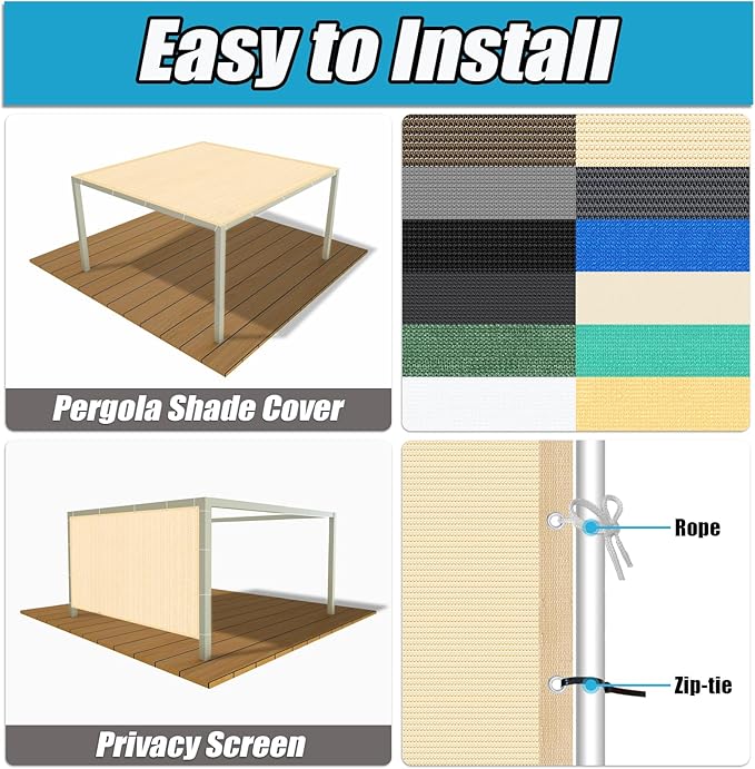 Amagenix 90% Pergola Shade Cover 16' X 20' Sun Shade Cloth with Grommets for Outdoor Garden Patio Porch, Commercial Grade 200 GSM - Cable Zip Ties Included (We Customized) GN108, Wheat