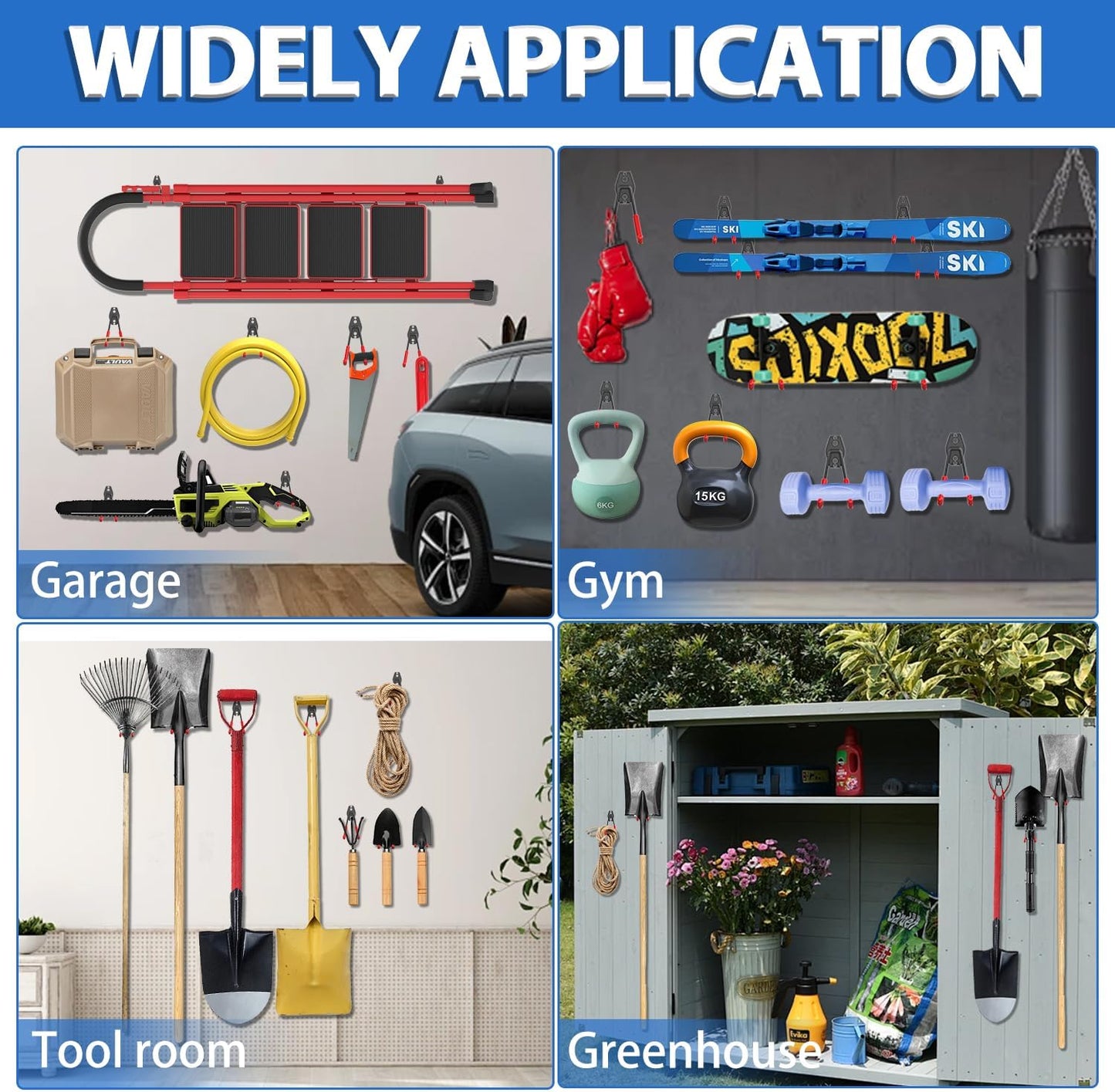 Garage Hooks 14PC,Shed Organizer with 1 Extra Round Strengthen Welding Spot,Garage Hooks for Hanging & Organizing Shovel,Rake,Chair,Hose(red)