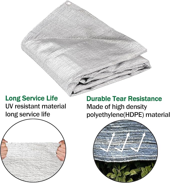 95% Sun Block Heavy Duty Aluminum Foil Shade Cloth with Grommets,10ft x 18ft, Mesh Sun Block Fabric Cover, Canopy, Privacy Screen for Outdoor Patio, Garden, Backyard, Silver