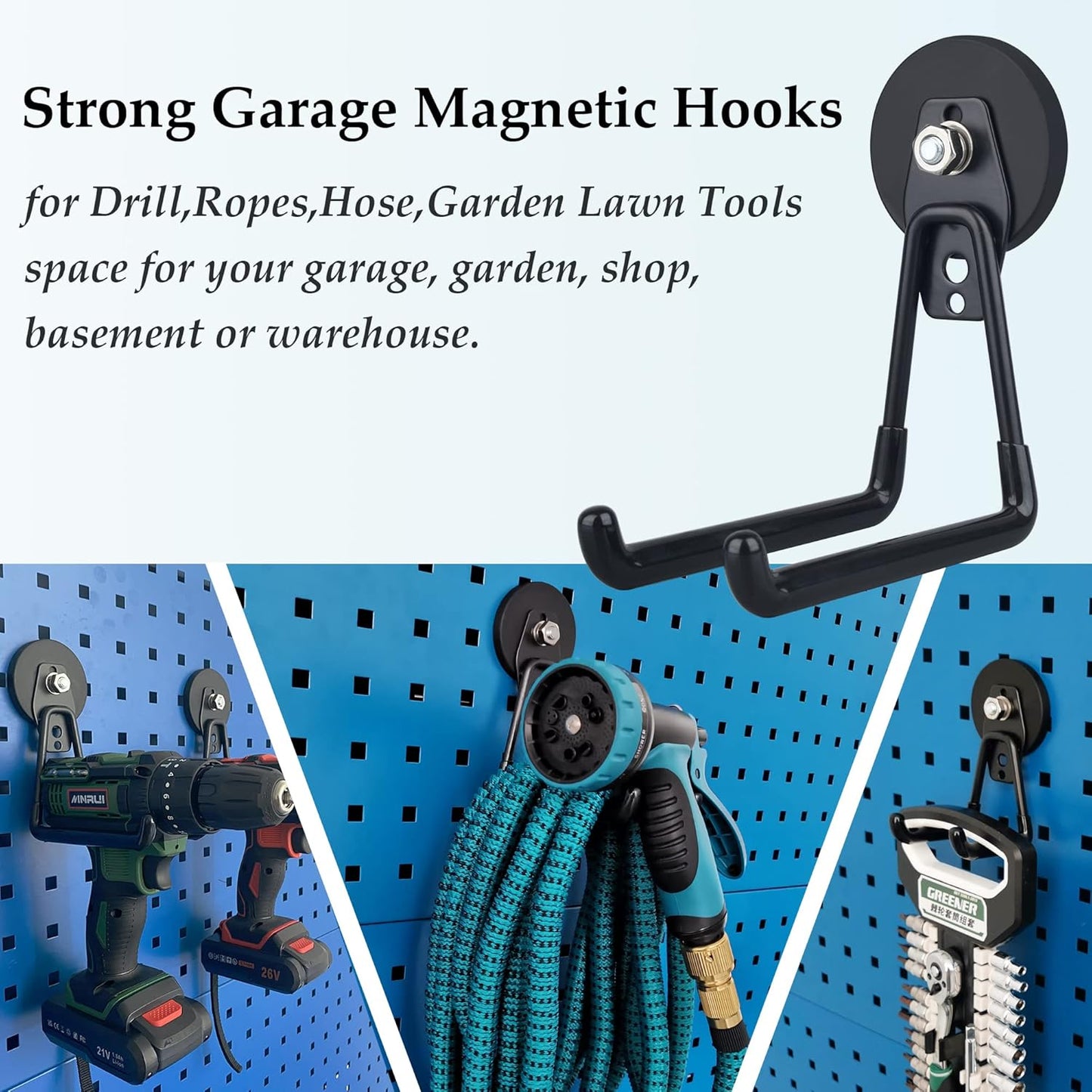 ULIBERMAGNET Magnetic Hooks,Heavy Duty Extra Large Hooks,Power Tool Organizer for Workshop Organization, 2 Pack Tool Hooks for Cordless Drill,Garden Tool,Metal Cabinet,Steel Pegboard(Black)