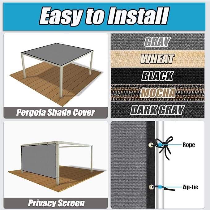 Amagenix 90% Shade Fabric 6'X 6' Gray Sun Shade Cloth with Grommets for Pergola Replacement Shade Cover Canopy, Heavy Duty, Cable Zip Ties Included (We Customized)