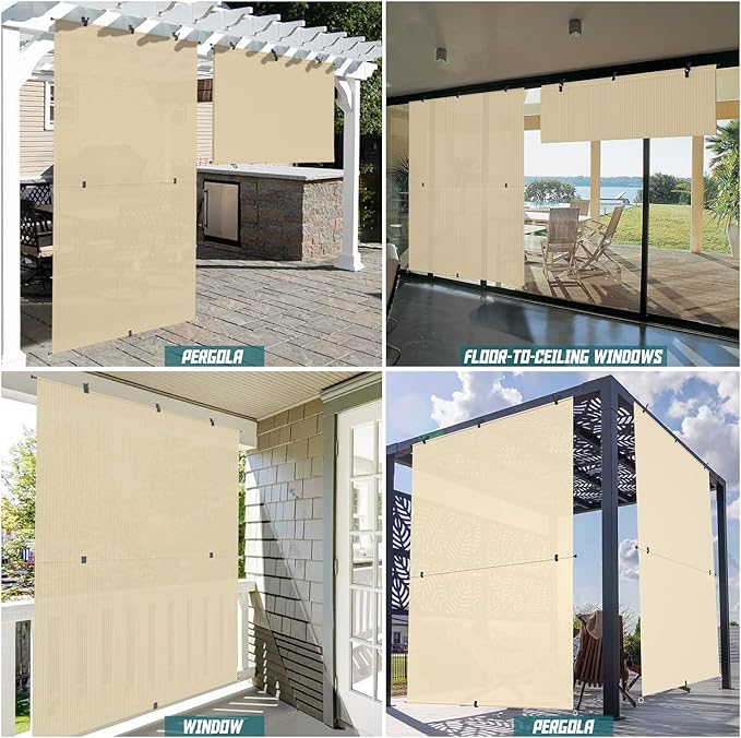 Bynbbur 4'W x 8.5'H Outdoor Patio Shades Foldable Roller Blinds, 220 GSM Sun Shade Roll Up Porch Screens Exterior Shade Cloth for Deck Pergola Backyard, Beige