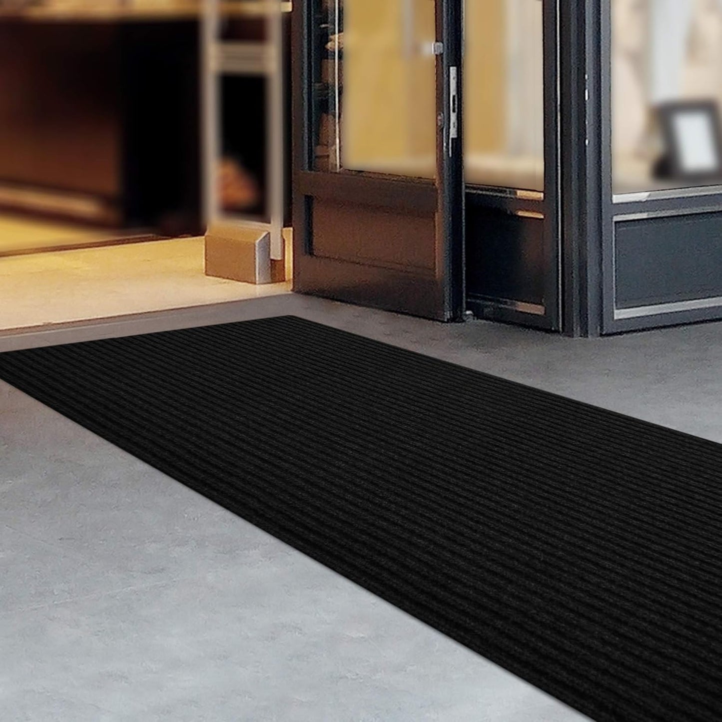 iCustomRug Spartan Weather Warrior Indoor/Outdoor Utility Ribbed Carpet Runner with Non-Slip Thermoplastic Rubber Backing, 28in X 76ft in Black