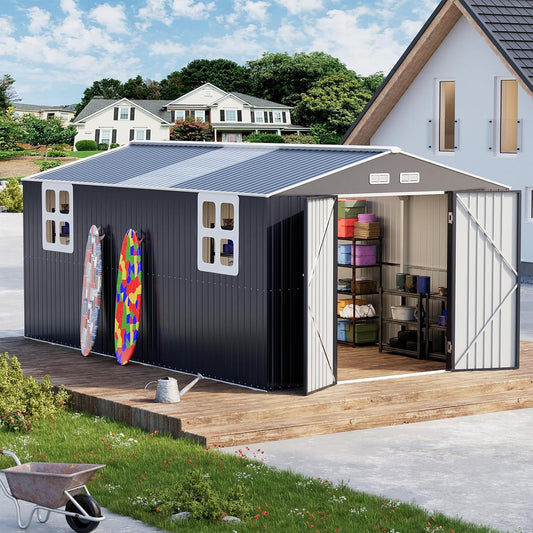 10x16 FT Metal Outdoor Shed Extra Large Waterproof Tools Storage House with Skyview Windows Air Vent Reinforced Frame for Outside Garden Backyard to Store Bikes,Lawnmower,Garage,Dark Grey